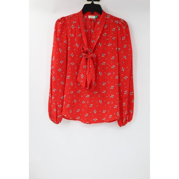 Rixo London Blouse Womens Small Silk Moss Red Floral Print Tie V Neck Top - Picture 4 of 13